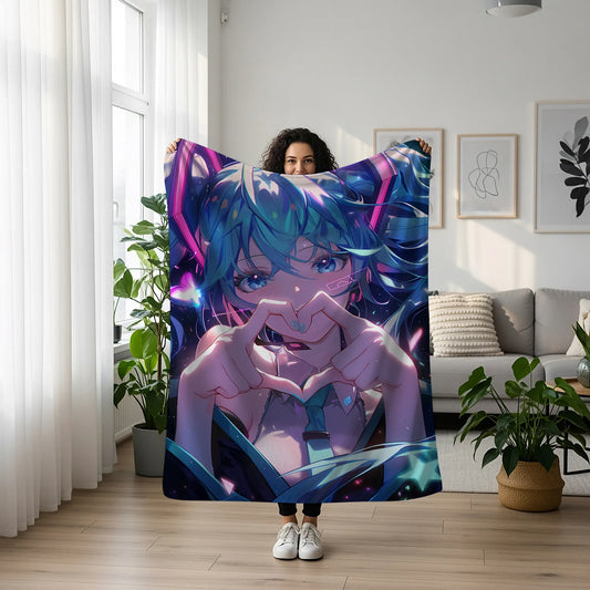 Hatsune Miku Anime Flannel Blanket, Vocaloid Anime Throw for Bed, Gift for Miku Fans