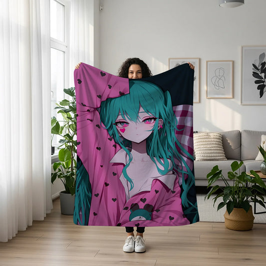 Hatsune Miku in Pajama Fleece Blanket, Vocaloid Merch, Anime Hot Girl Throw Tapestry, Gift for Miku Fans