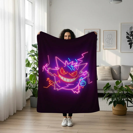 Gengar Dark Neon Ghost Art Blanket - Cyberpunk Pokémon Gengar Decor, Electric Purple Neon Glow Design, Unique Pokémon Fan Gift