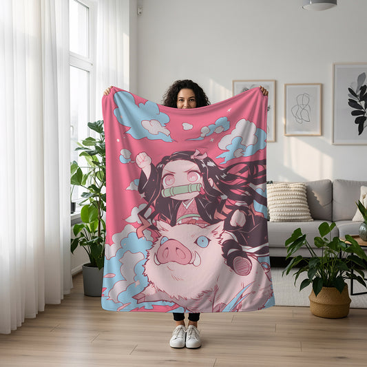 Kamado Nezuko Kawaii Art Blanket, Demon Slayer Nezuko Decor, Sweet Chibi Style Design, Premium Fan Gift, Custom Bedroom Decor