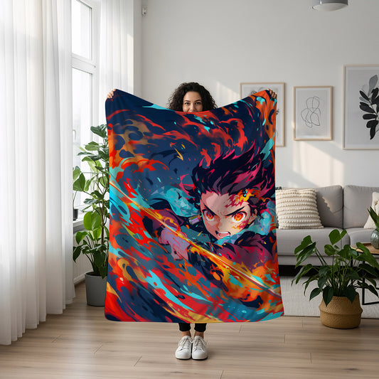 Kamado Tanjiro Battle Art Blanket, Demon Slayer Tanjiro Decor, Sun Breathing Combat Style, Premium Fan Gift, Anime Art Bedding