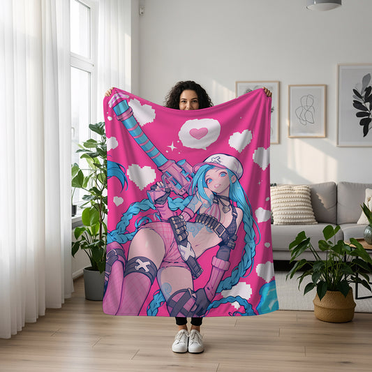 Jinx Candy Cane Art Blanket, League of Legends Christmas Decor, Sexy Holiday Jinx Design, Premium Anime Girl Gift, OOAK Art