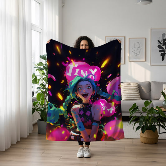 Jinx Pixar Style Art Blanket, League of Legends Cute Jinx Decor, 3D Animation Aesthetic, Premium Fan Gift, Anime Art Bedding