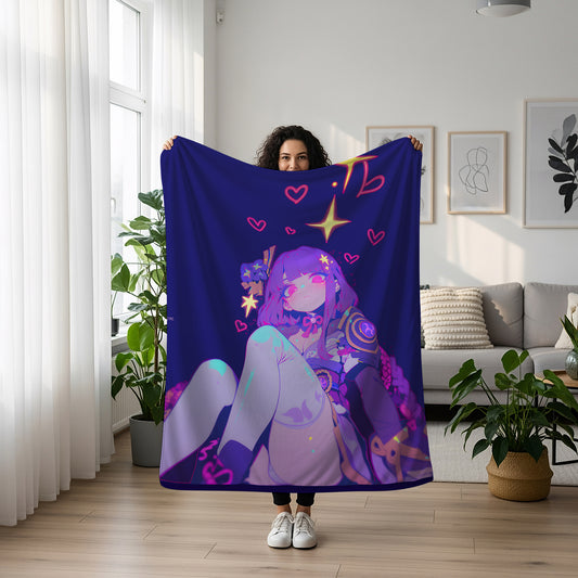 Genshin Impact Raiden Shogun Mature Aesthetic Flannel Blanket, Raiden Ei Anime Art Bedding, Premium Otaku Home Decor