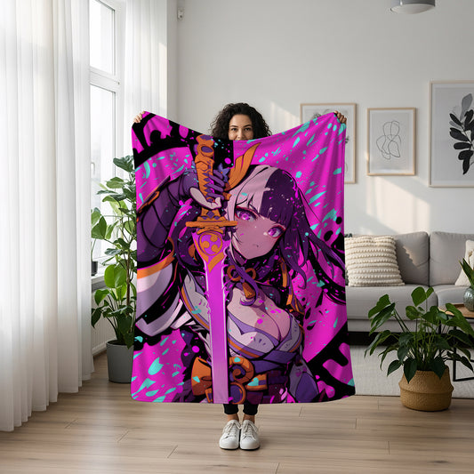 Raiden Shogun, Genshin Impact Merch, Sword Drawing Pose Flannel Blanket, Musou no Hitotachi Anime Peripheral, Otaku Bedding