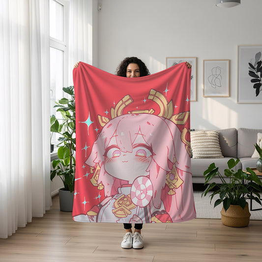 Yae Miko, Genshin Impact Merch, Cute Chibi Aesthetic Flannel Blanket, Lady Guuji Anime Peripheral, Kawaii Otaku Gift