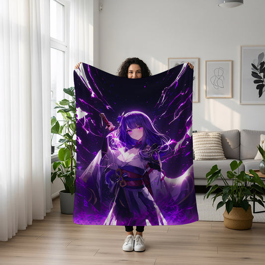 Raiden Shogun, Genshin Impact Merch, Musou Drawing Pose Flannel Blanket, Anime Art Bedding, Premium Otaku Peripheral