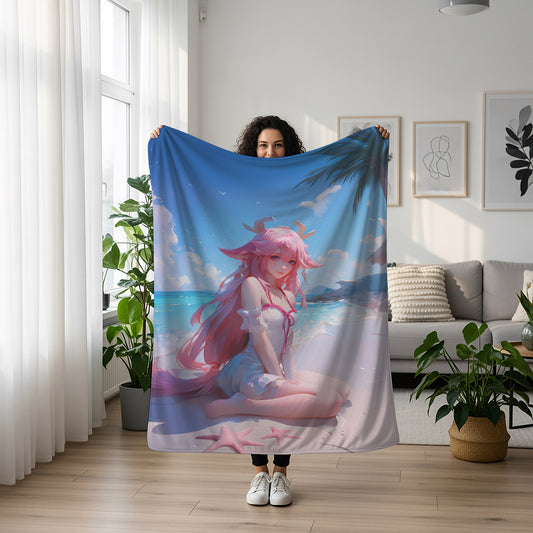 Yae Miko, Genshin Impact Merch, Summer Casual Flannel Blanket, Guuji Anime Peripheral, Premium Otaku Gift