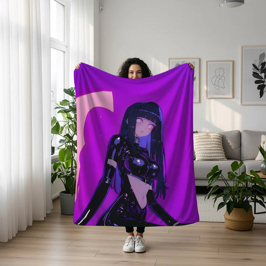 Hinata Hyuga Black Latex Bodysuit Style Flannel Blanket, Naruto Sexy Waifu Art, Otaku Wall Decor, Unique Art Piece Gift