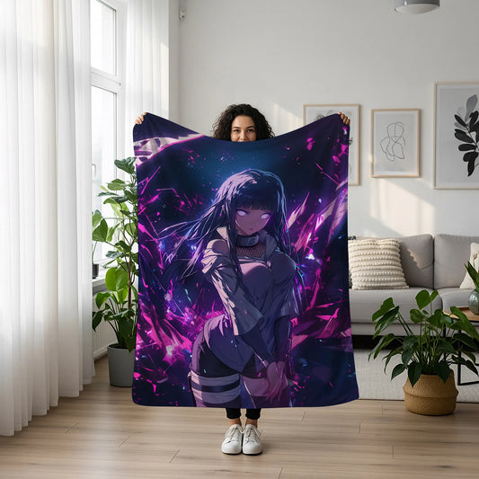 Hinata Hyuga Sci-Fi Futuristic Style Flannel Blanket, Naruto Cyber Anime Girl, Digital Art Decor, Techwear Waifu Gift