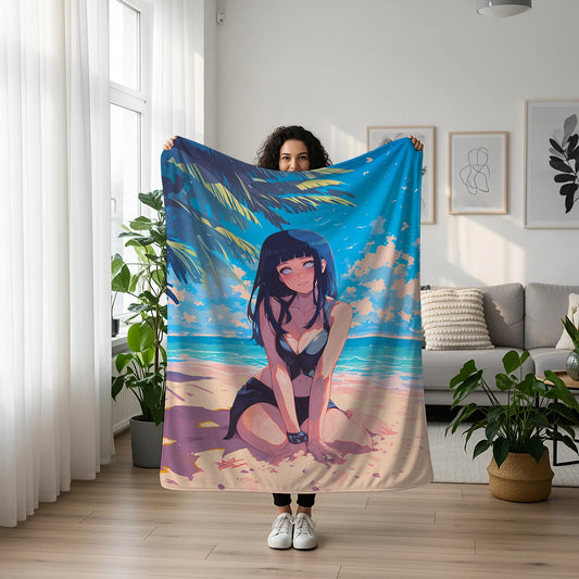 Hinata Hyuga Summer Swimsuit Style Flannel Blanket, Naruto Beach Vibes, Sexy Anime Girl Art, Vacation Home Decor Gift