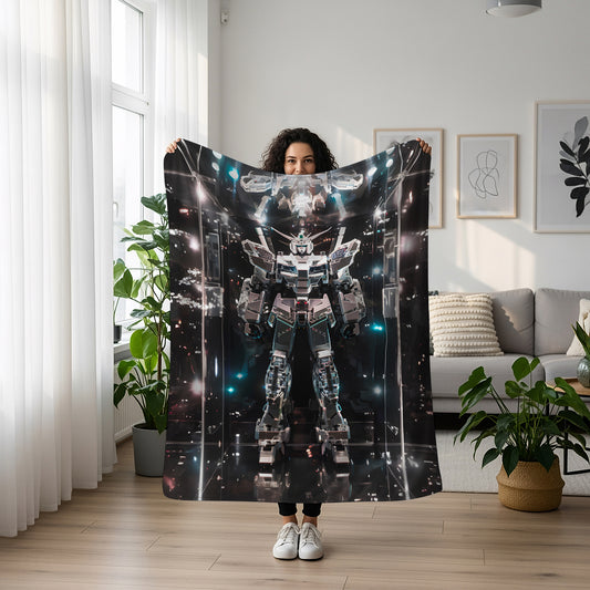 Gundam Cyberpunk Mecha Art Blanket, Mobile Suit Neon Decor, Futuristic Urban Warrior Design, Premium Anime Gift, OOAK Art