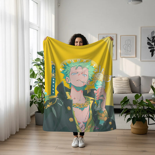 Roronoa Zoro Smug Expression Flannel Blanket, One Piece Merch, Straw Hat Pirate Anime Peripheral, Otaku Bedding Decor