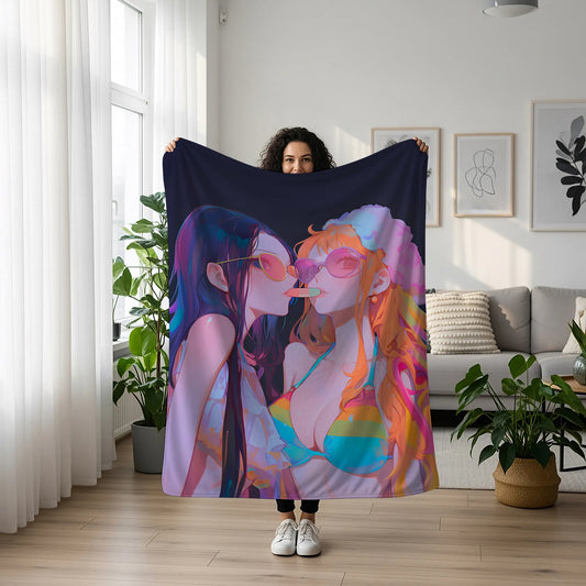 Nami and Nico Robin Summer Bikini Duo Flannel Blanket, One Piece Merch, Anime Peripheral, Otaku Bedding