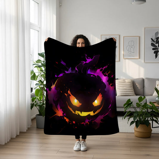 Gengar Halloween Pumpkin Style Flannel Blanket, Pokemon Merch, Spooky Anime Peripheral, Otaku Bedding