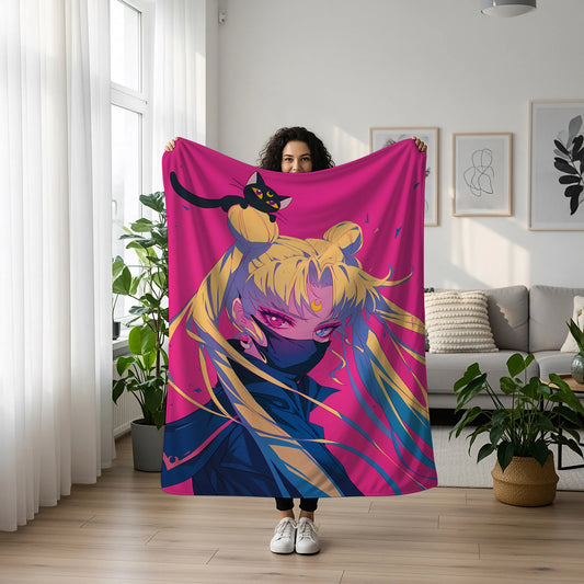 Usagi Tsukino Sailor V Masked Style Flannel Blanket, Sailor Moon Merch, Heroine Anime Peripheral, Otaku Bedding