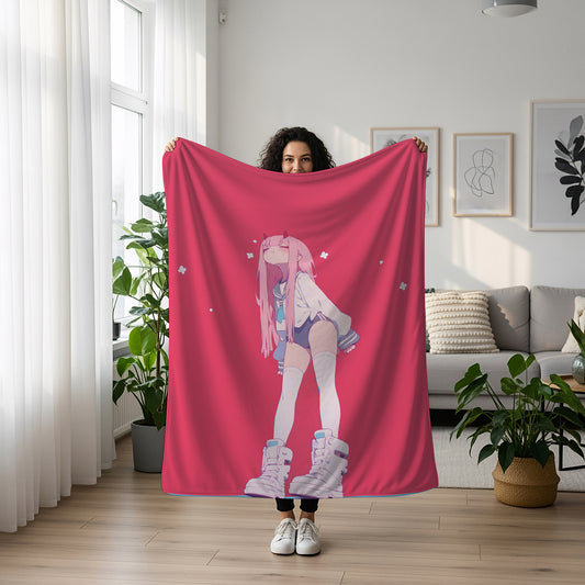 Darling in the Franxx Zero Two Kawaii Aesthetic Art Blanket, Cute 02 Pink Hair Anime Decor, Premium Zero Two Fan Gift, OOAK Anime Bedding