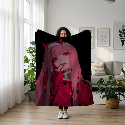 Sensual Zero Two Throw Blanket, 02 Finger-Lick Pose, High Definition Anime Art Blanket, Ultimate Otaku Waifu Gift