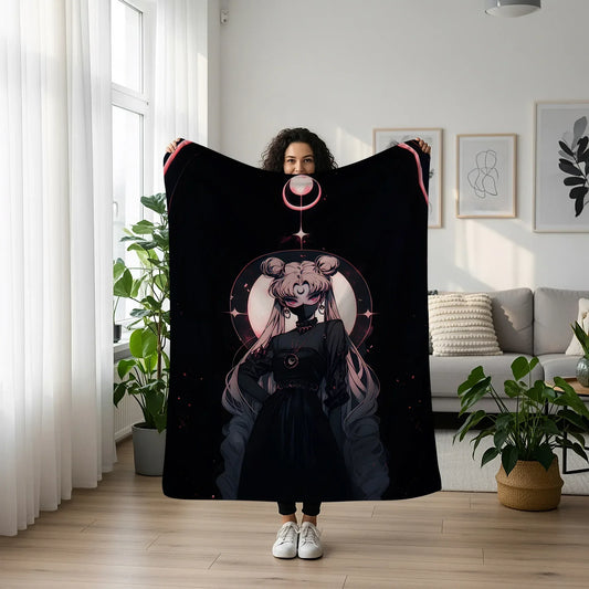 Dark Aesthetic Sailor Moon Plush Blanket, Adorable Anime Girl Throw Tapestry, Iconic Anime Art Decor & Otaku Gift