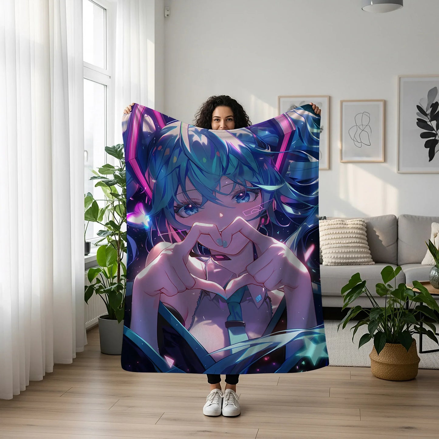 Hatsune Miku Anime Flannel Blanket, Vocaloid Anime Throw for Bed, Gift for Miku Fans