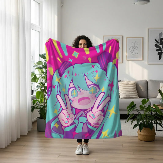 Hatsune Miku Ultra-Soft Flannel Blanket, Kawaii Style Vocaloid Anime Throw for Bed, Sofa & Cosplay