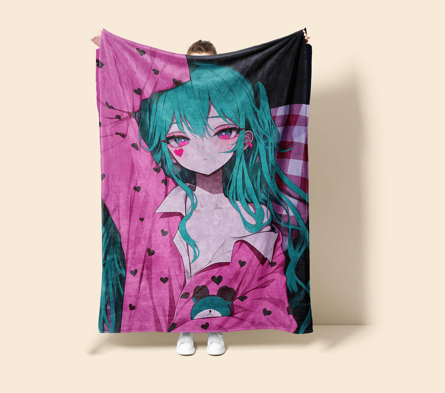 Hatsune Miku in Pajama Fleece Blanket, Vocaloid Merch, Anime Hot Girl Throw Tapestry, Gift for Miku Fans