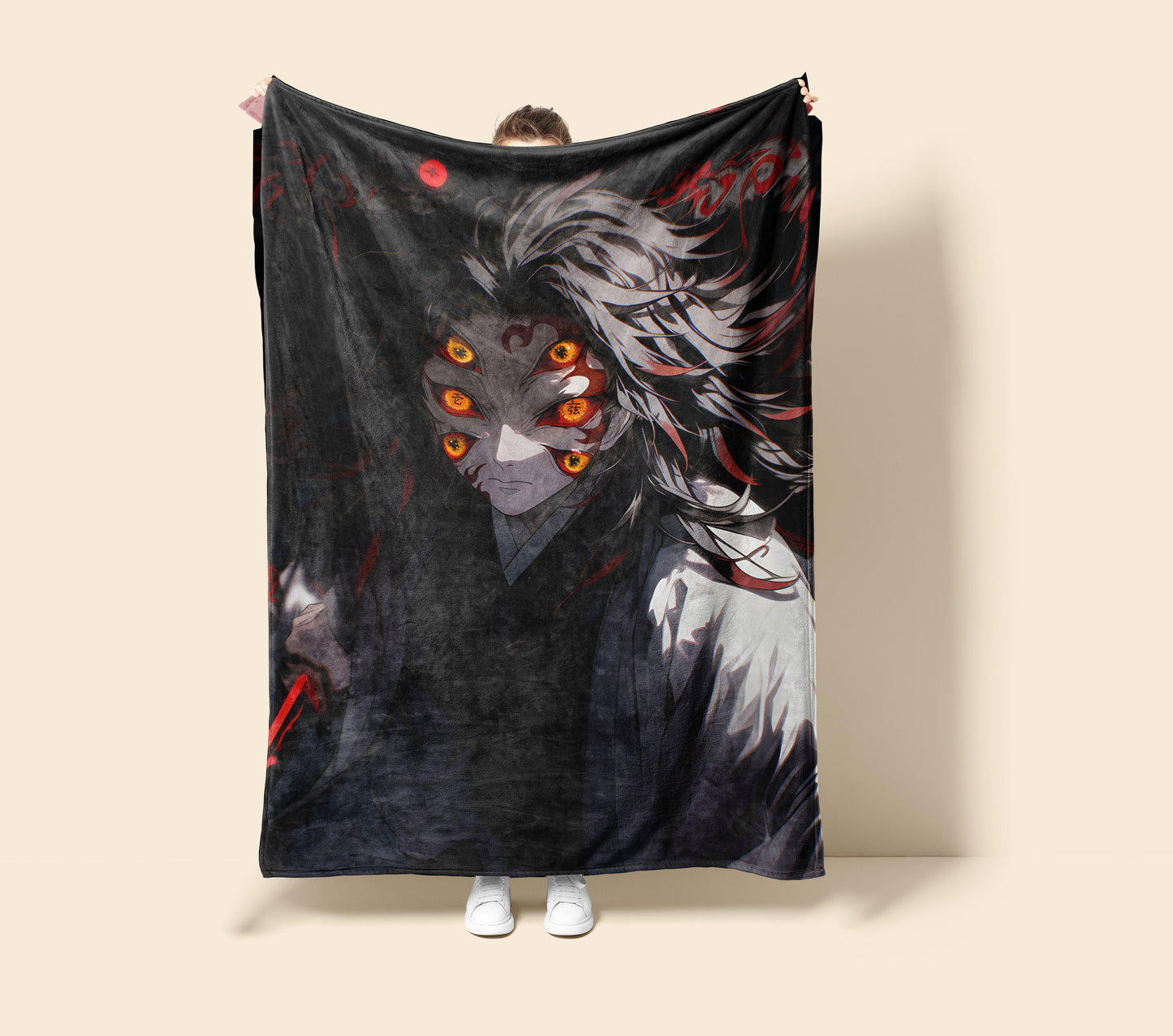 Demon Slayer Kokushibo Six-Eyes Art Blanket, Upper Moon One Anime Decor, Dark Aesthetic Katana Design Premium Zero Two Fan Gift, OOAK Anime Bedding