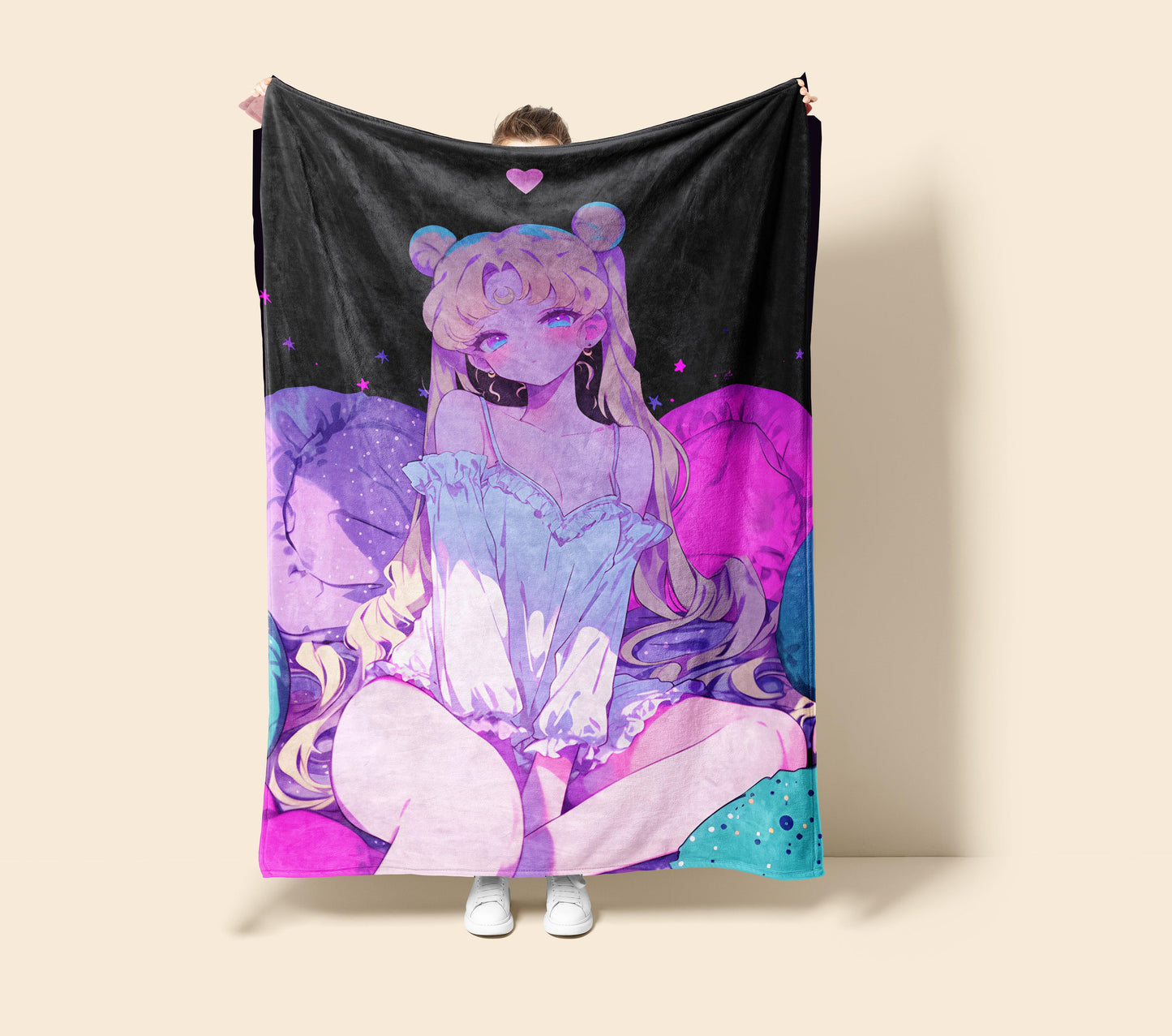 Sailor Moon in Pajama Plush Blanket, Adorable Anime Girl Throw Tapestry, Iconic Anime Art Decor & Otaku Gift