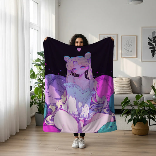 Sailor Moon in Pajama Plush Blanket, Adorable Anime Girl Throw Tapestry, Iconic Anime Art Decor & Otaku Gift