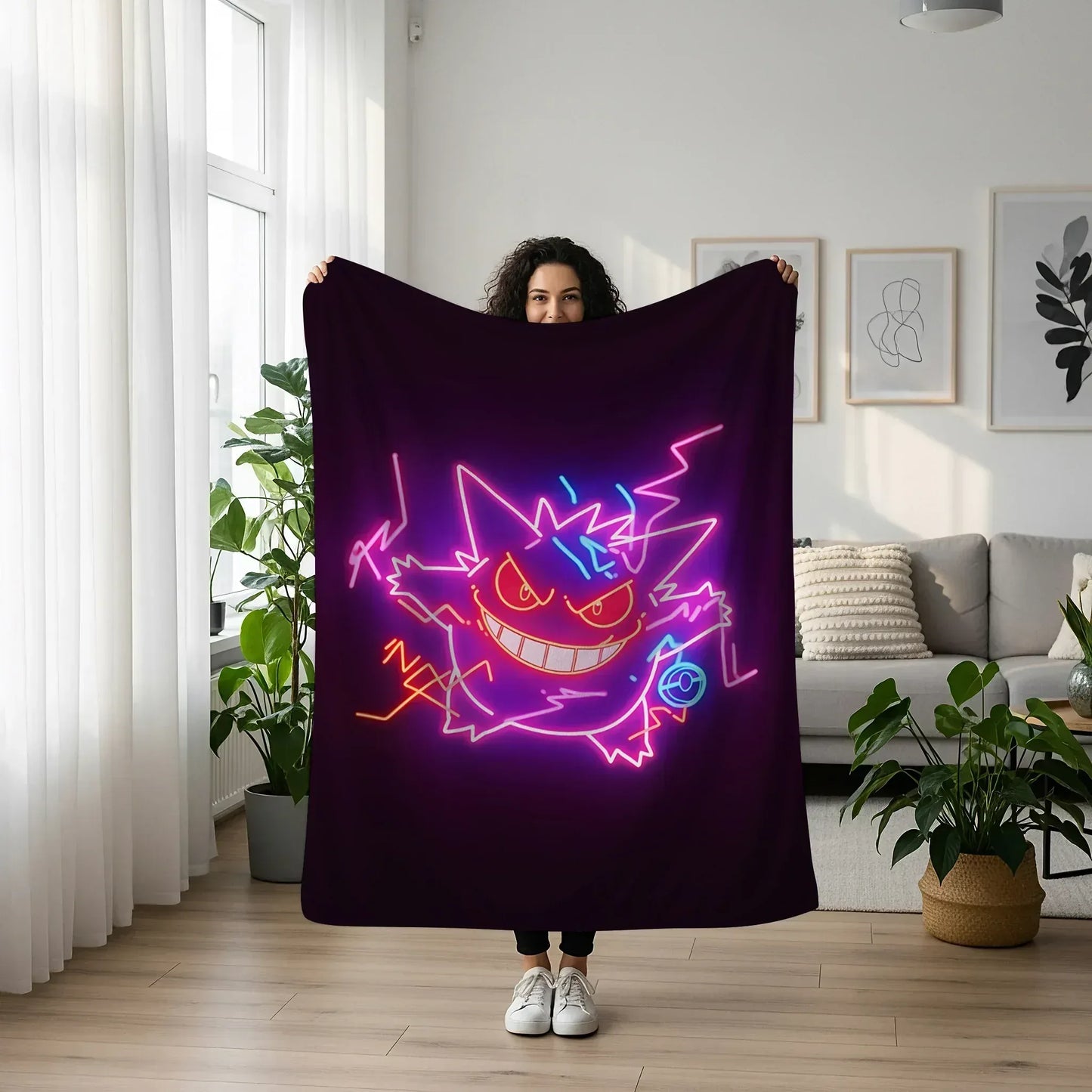 Gengar Dark Neon Ghost Art Blanket - Cyberpunk Pokémon Gengar Decor, Electric Purple Neon Glow Design, Unique Pokémon Fan Gift
