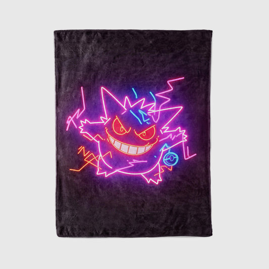 Gengar Dark Neon Ghost Art Blanket - Cyberpunk Pokémon Gengar Decor, Electric Purple Neon Glow Design, Unique Pokémon Fan Gift