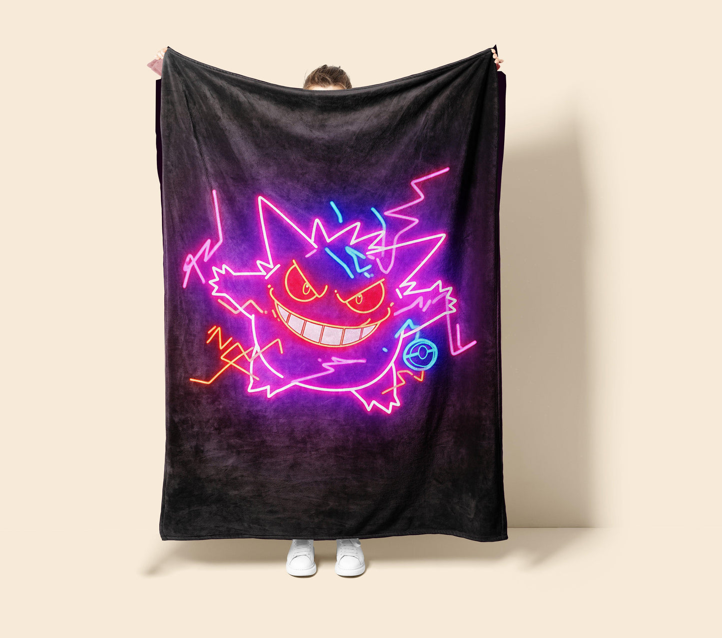 Gengar Dark Neon Ghost Art Blanket - Cyberpunk Pokémon Gengar Decor, Electric Purple Neon Glow Design, Unique Pokémon Fan Gift