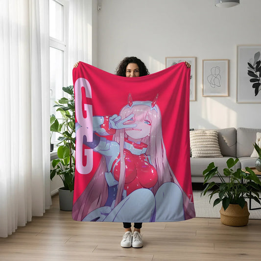Zero Two Rubber Suit Art Blanket - Darling in the Franxx 02 Bodysuit Decor, Sexy Glossy Suit Design, High-Gloss Silky Material, Premium Anime Girl Gift, OOAK Art Bedding