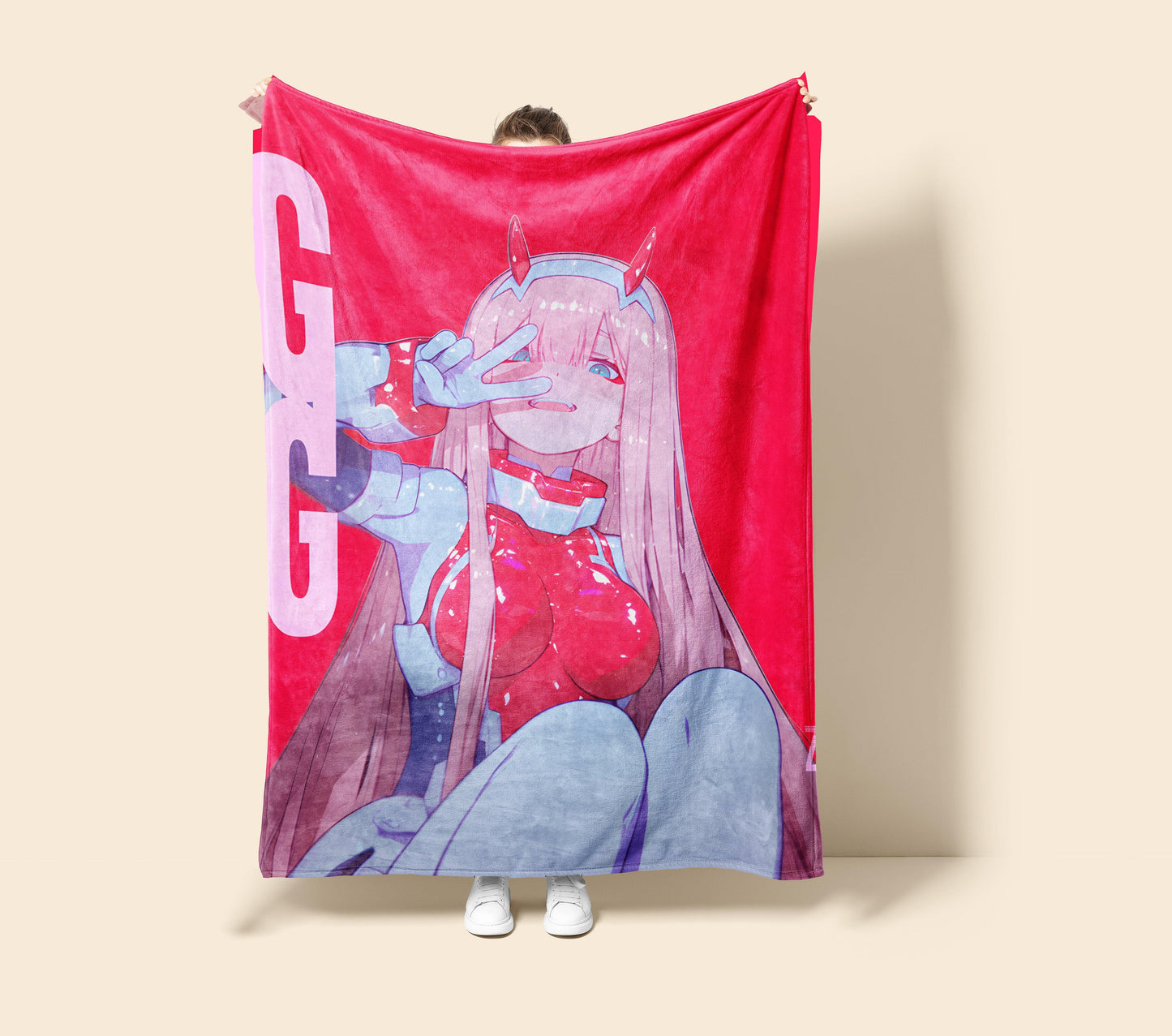 Zero Two Rubber Suit Art Blanket - Darling in the Franxx 02 Bodysuit Decor, Sexy Glossy Suit Design, High-Gloss Silky Material, Premium Anime Girl Gift, OOAK Art Bedding
