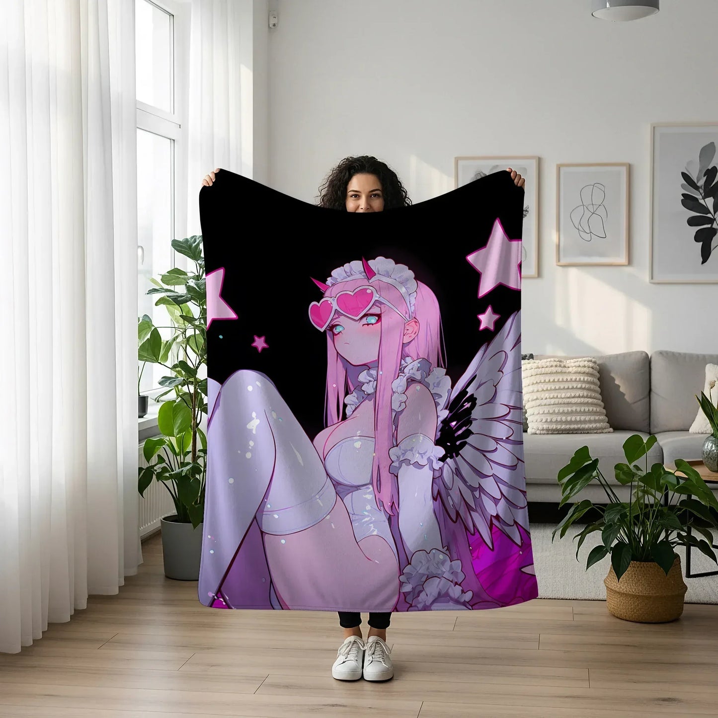 Zero Two Pajamas Art Blanket - Darling in the Franxx 02 Sleepwear Decor, Cute Sultry Boudoir Style, High-Gloss Silky Material, Premium Anime Fan Gift, OOAK Art Bedding