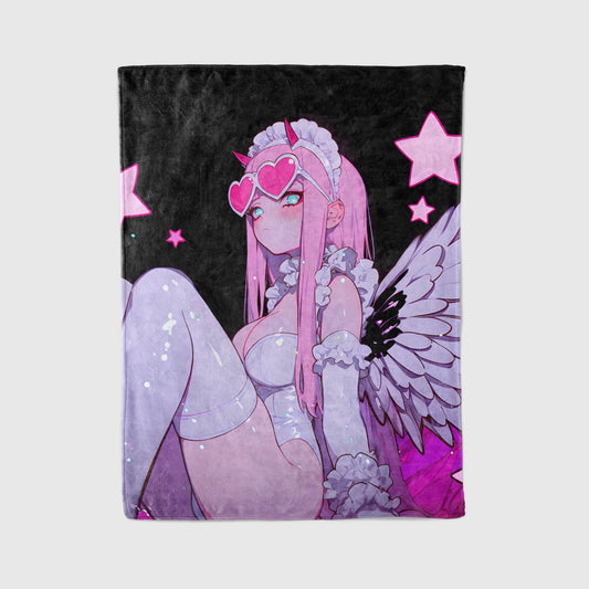 Zero Two Pajamas Art Blanket - Darling in the Franxx 02 Sleepwear Decor, Cute Sultry Boudoir Style, High-Gloss Silky Material, Premium Anime Fan Gift, OOAK Art Bedding
