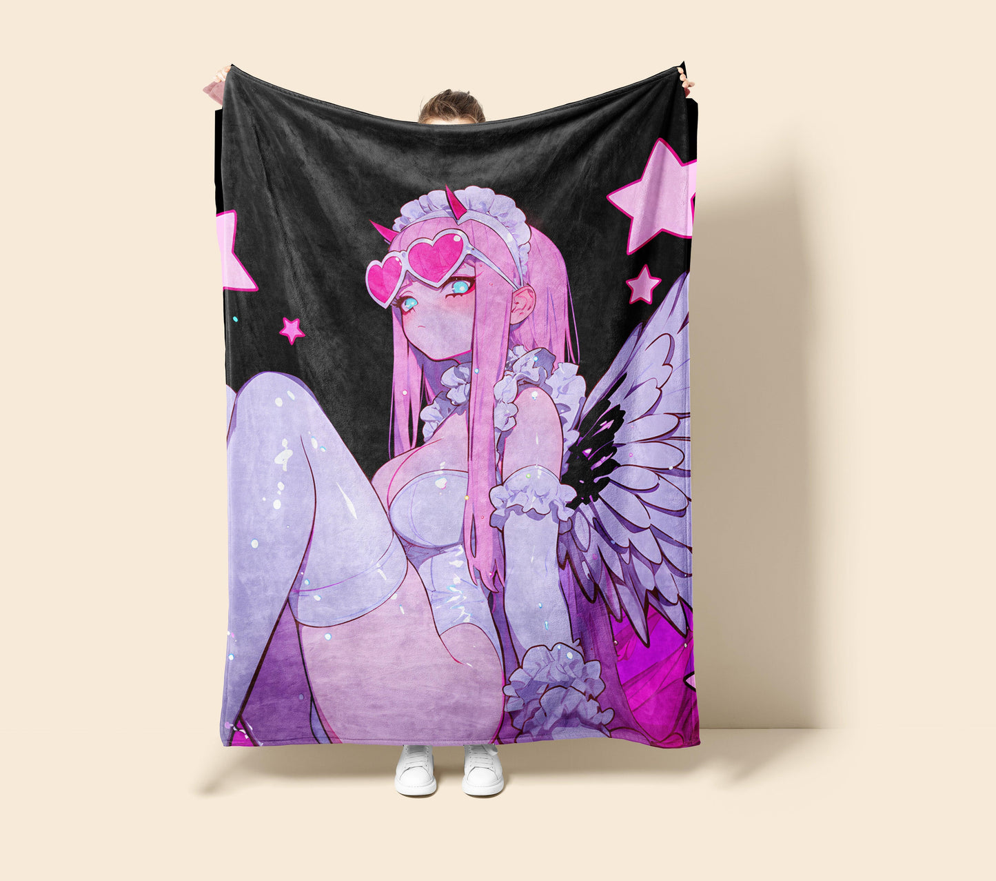 Zero Two Pajamas Art Blanket - Darling in the Franxx 02 Sleepwear Decor, Cute Sultry Boudoir Style, High-Gloss Silky Material, Premium Anime Fan Gift, OOAK Art Bedding