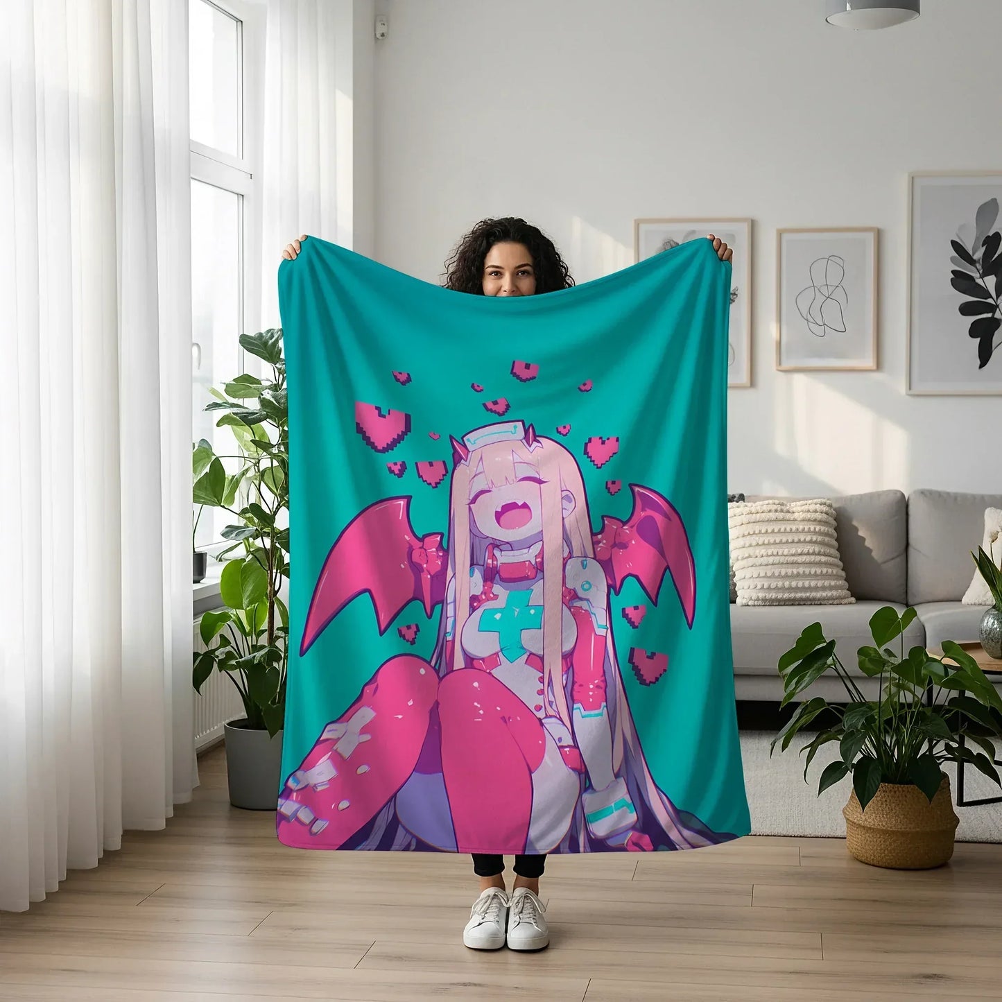 Zero Two Kawaii Art Blanket - Darling in the Franxx Cute 02 Pink Hair Decor, Sweet Healing Manga Design, High-Gloss Silky Material, Premium Kawaii Fan Gift, OOAK Art Bedding