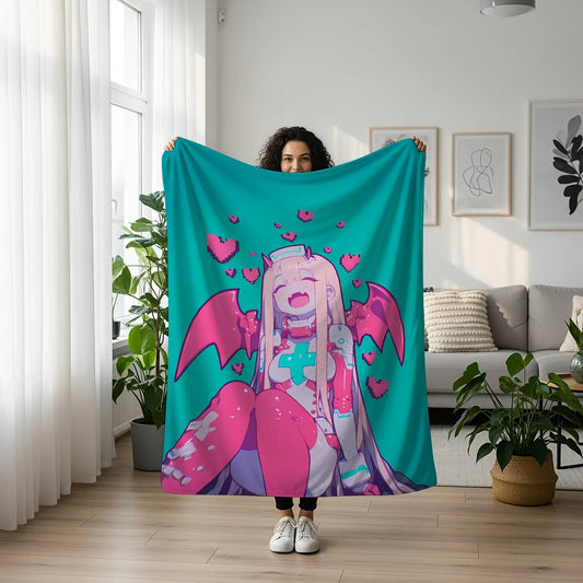 Zero Two Kawaii Art Blanket - Darling in the Franxx Cute 02 Pink Hair Decor, Sweet Healing Manga Design, High-Gloss Silky Material, Premium Kawaii Fan Gift, OOAK Art Bedding