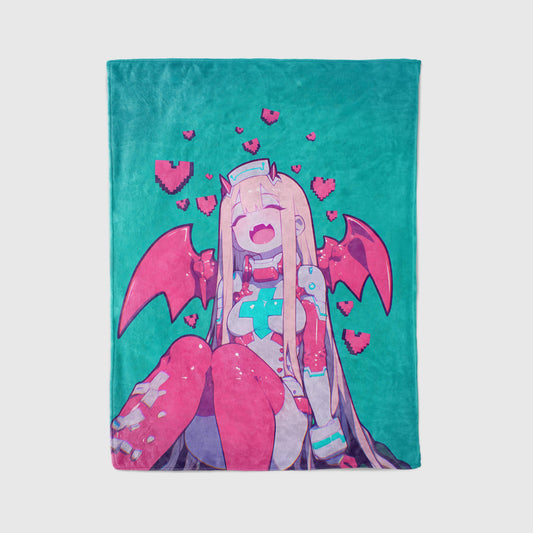 Zero Two Kawaii Art Blanket - Darling in the Franxx Cute 02 Pink Hair Decor, Sweet Healing Manga Design, High-Gloss Silky Material, Premium Kawaii Fan Gift, OOAK Art Bedding