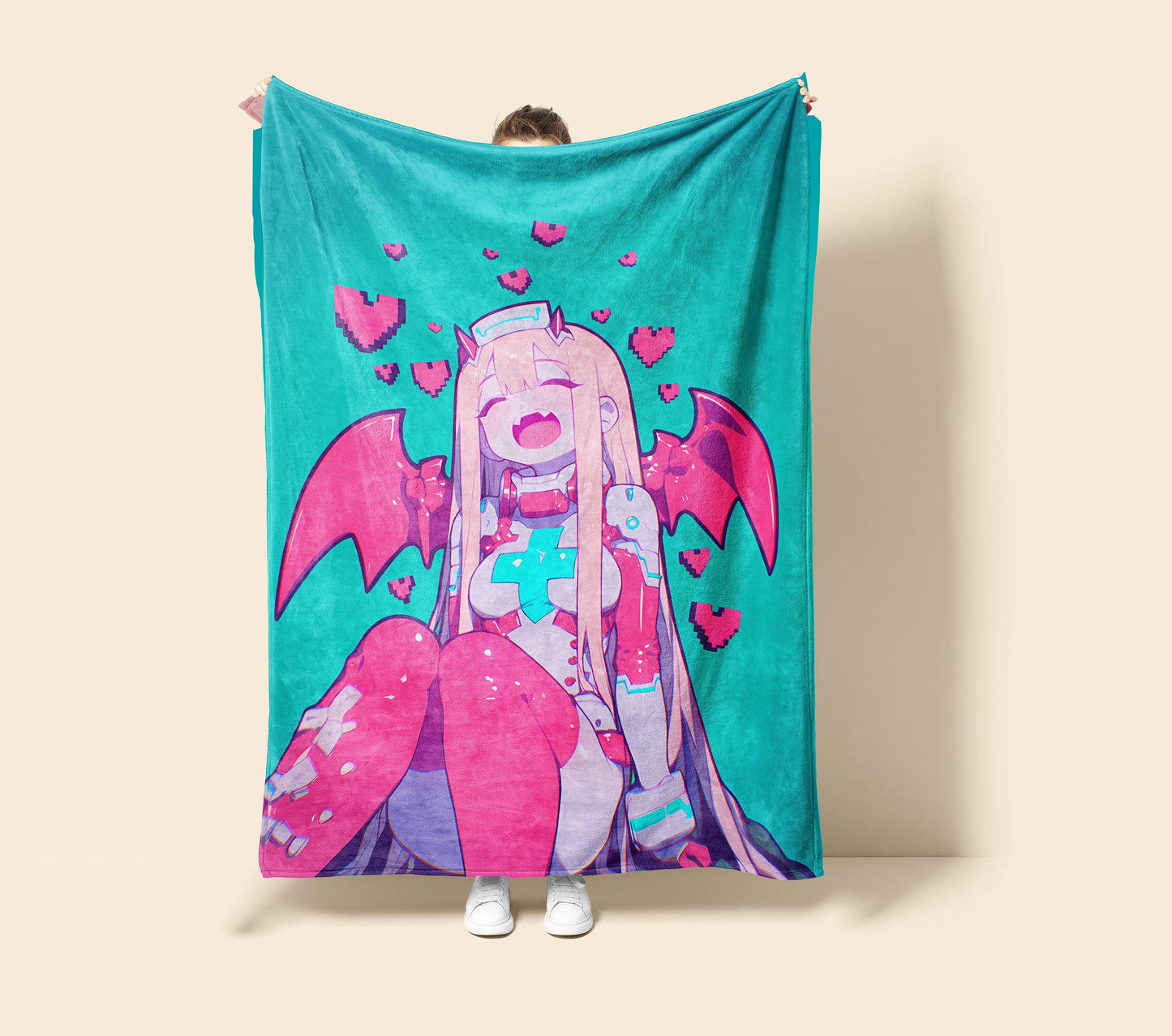 Zero Two Kawaii Art Blanket - Darling in the Franxx Cute 02 Pink Hair Decor, Sweet Healing Manga Design, High-Gloss Silky Material, Premium Kawaii Fan Gift, OOAK Art Bedding