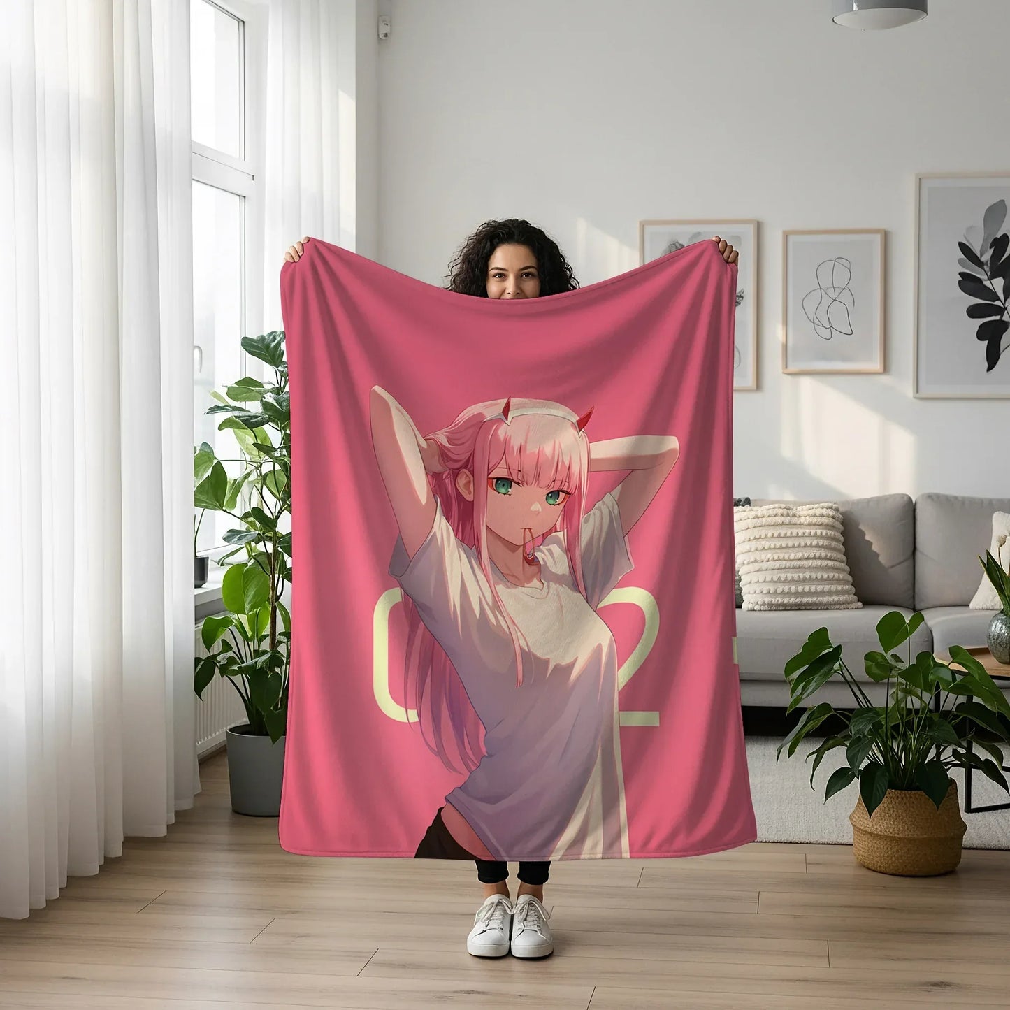 Zero Two Youthful School Girl Art Blanket - Darling in the Franxx Seishun 02 Decor, Cute School Uniform Design, High-Gloss Silky Material, Premium Anime Student Gift, OOAK Art Bedding