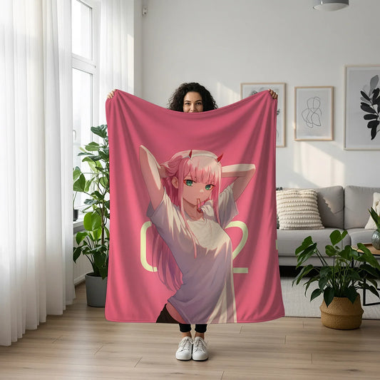 Zero Two Youthful School Girl Art Blanket - Darling in the Franxx Seishun 02 Decor, Cute School Uniform Design, High-Gloss Silky Material, Premium Anime Student Gift, OOAK Art Bedding