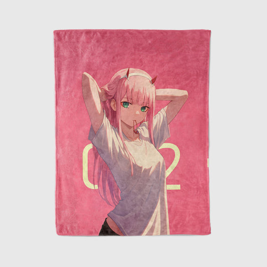 Zero Two Youthful School Girl Art Blanket - Darling in the Franxx Seishun 02 Decor, Cute School Uniform Design, High-Gloss Silky Material, Premium Anime Student Gift, OOAK Art Bedding