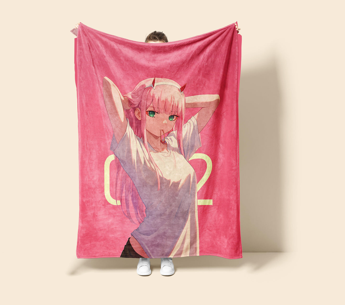 Zero Two Youthful School Girl Art Blanket - Darling in the Franxx Seishun 02 Decor, Cute School Uniform Design, High-Gloss Silky Material, Premium Anime Student Gift, OOAK Art Bedding