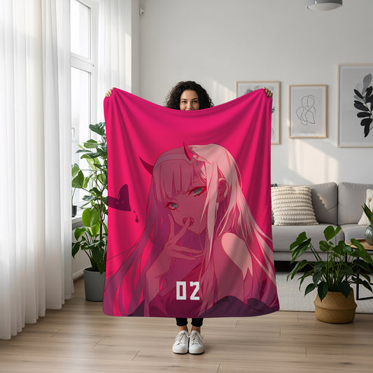 Zero Two Retro Anime Art Blanket - Darling in the Franxx 90s Aesthetic Decor, Vintage Manga 02 Design, High-Gloss Silky Material, Premium Nostalgic Fan Gift, OOAK Art Bedding