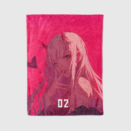 Zero Two Retro Anime Art Blanket - Darling in the Franxx 90s Aesthetic Decor, Vintage Manga 02 Design, High-Gloss Silky Material, Premium Nostalgic Fan Gift, OOAK Art Bedding
