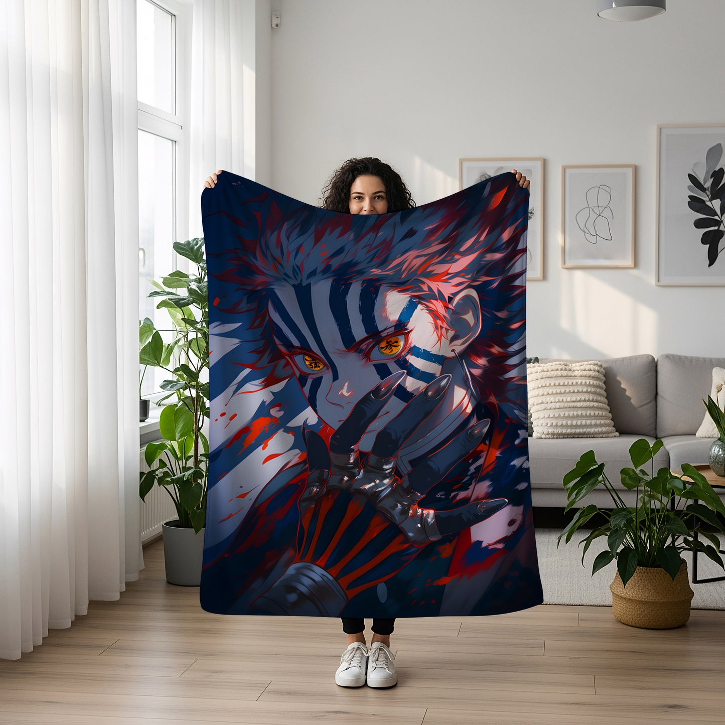 Akaza Upper Moon Three Art Blanket, Demon Slayer Akaza Decor, Martial Arts Battle Aesthetic, Premium Fan Gift, Custom Art Blanket