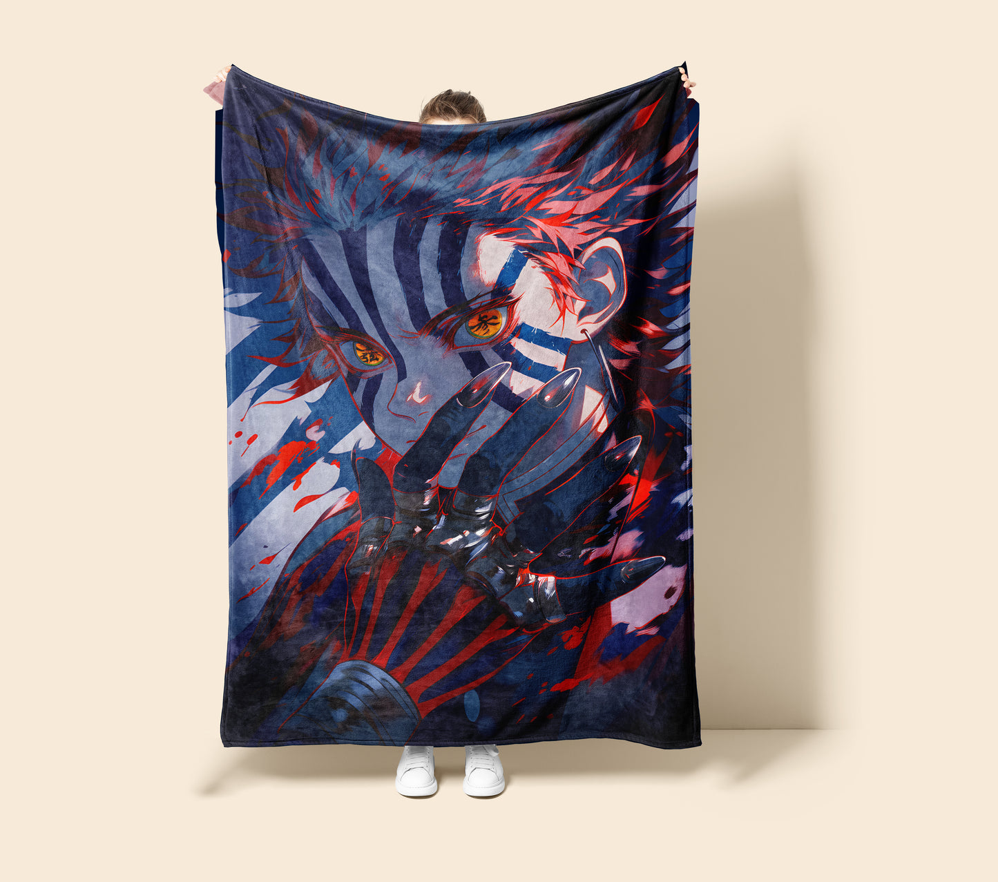 Akaza Upper Moon Three Art Blanket, Demon Slayer Akaza Decor, Martial Arts Battle Aesthetic, Premium Fan Gift, Custom Art Blanket