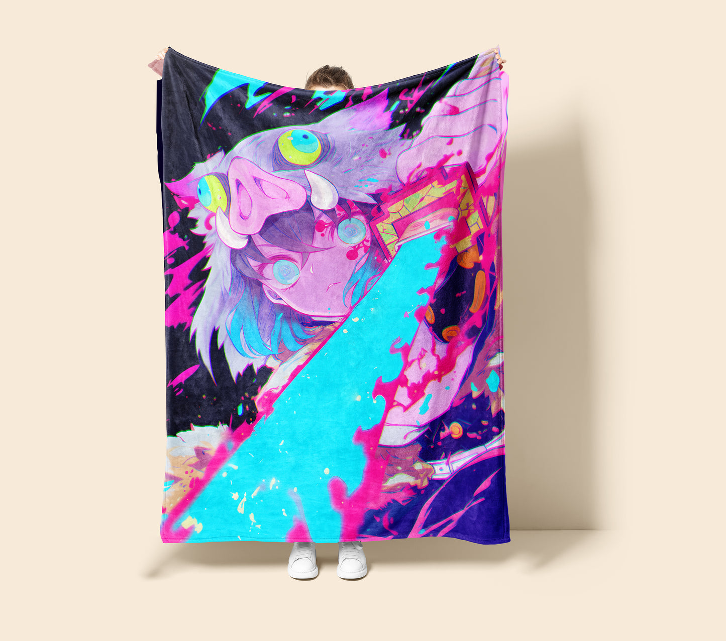 Hashibira Inosuke Graffiti Style Art Blanket, Demon Slayer Street Art Decor, Urban Beast Style Design, Premium Anime Gift, OOAK Art
